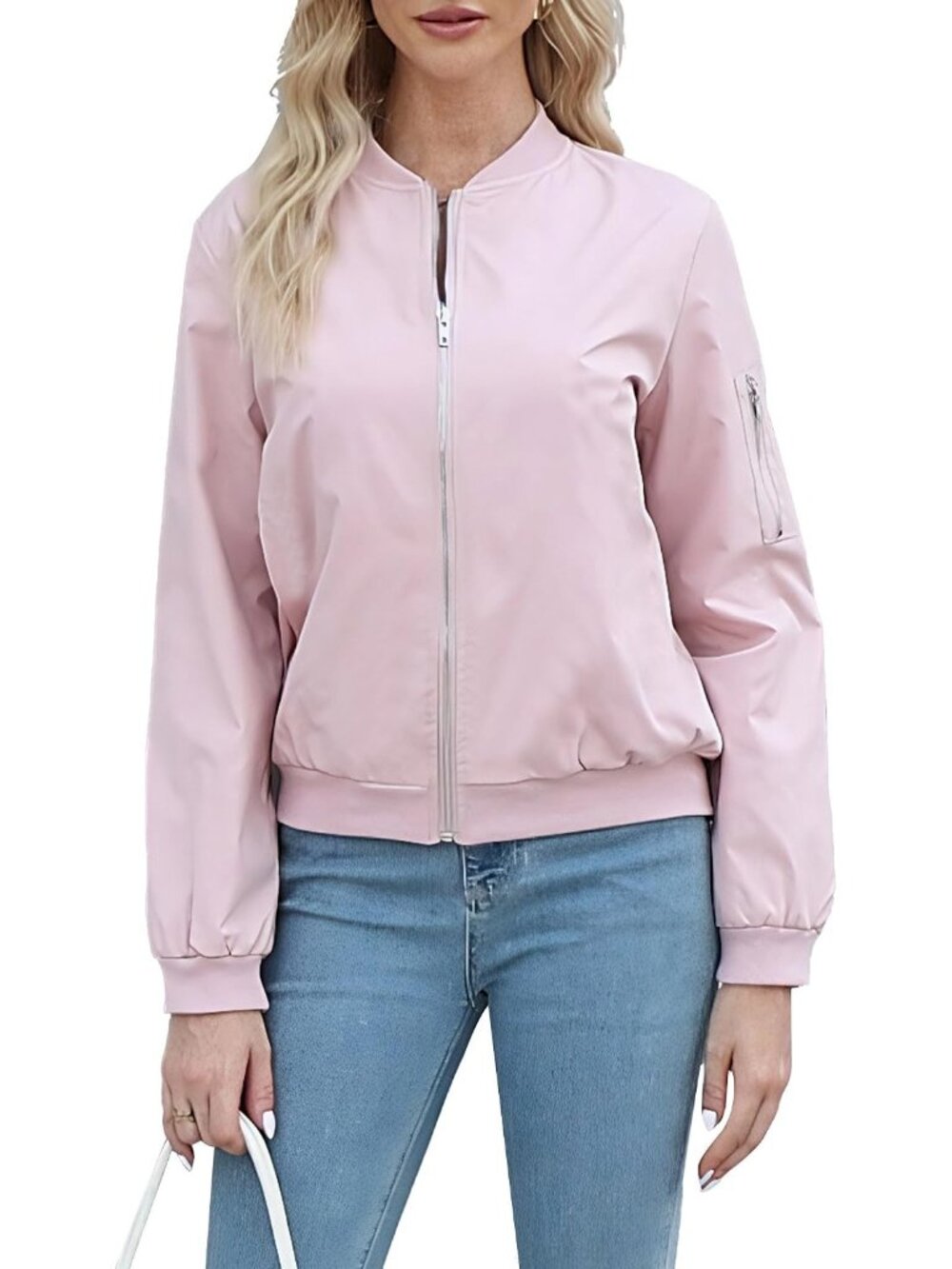 Women Pink 100% Polyester Zip-Up Shawl Collar Pocket Windbreaker Bomber Jacket